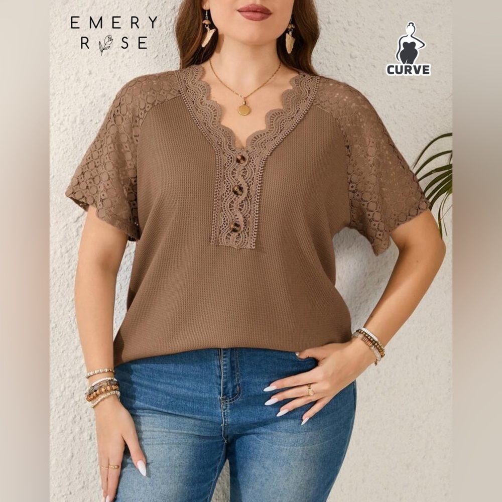 EMERY ROSE XL Ribbed Heathered Taupe Casual V-Neck T-Shirt Lace Short Sleeves